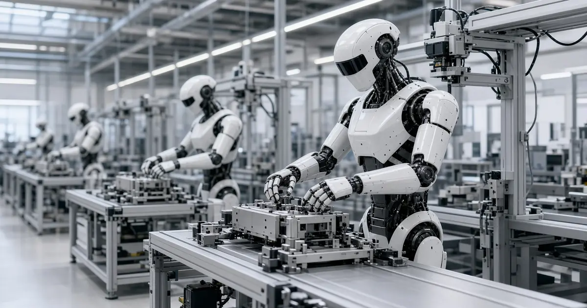 Humanoid robots working at assembly stations on a clean, bright factory line (AI-generated image)
