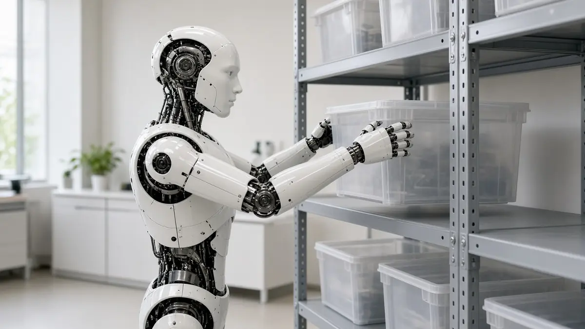 A humanoid robot practising picking and moving plastic containers in a training area