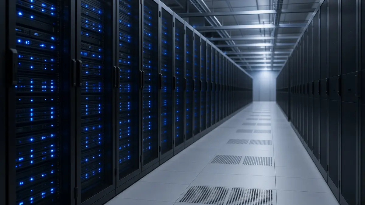 Rows of GPU servers glowing softly in a clean data centre aisle