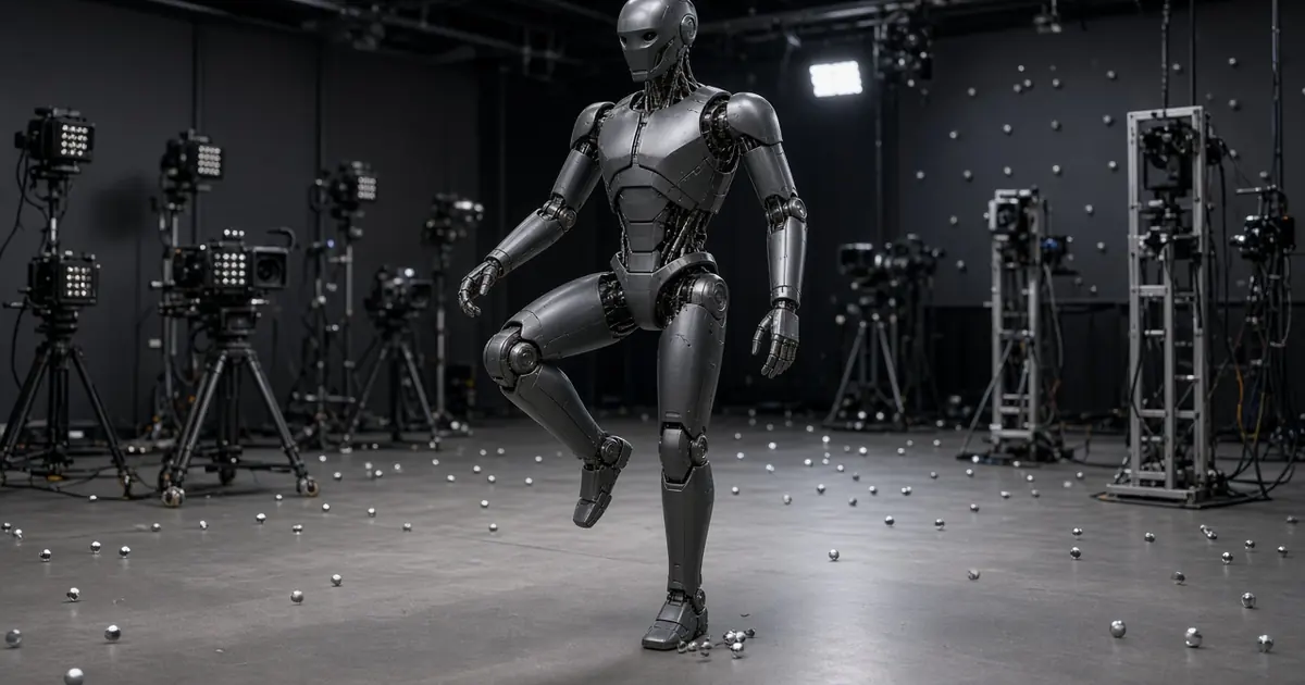 A graphite humanoid robot balancing on one leg in a motion-capture laboratory (AI-generated image)