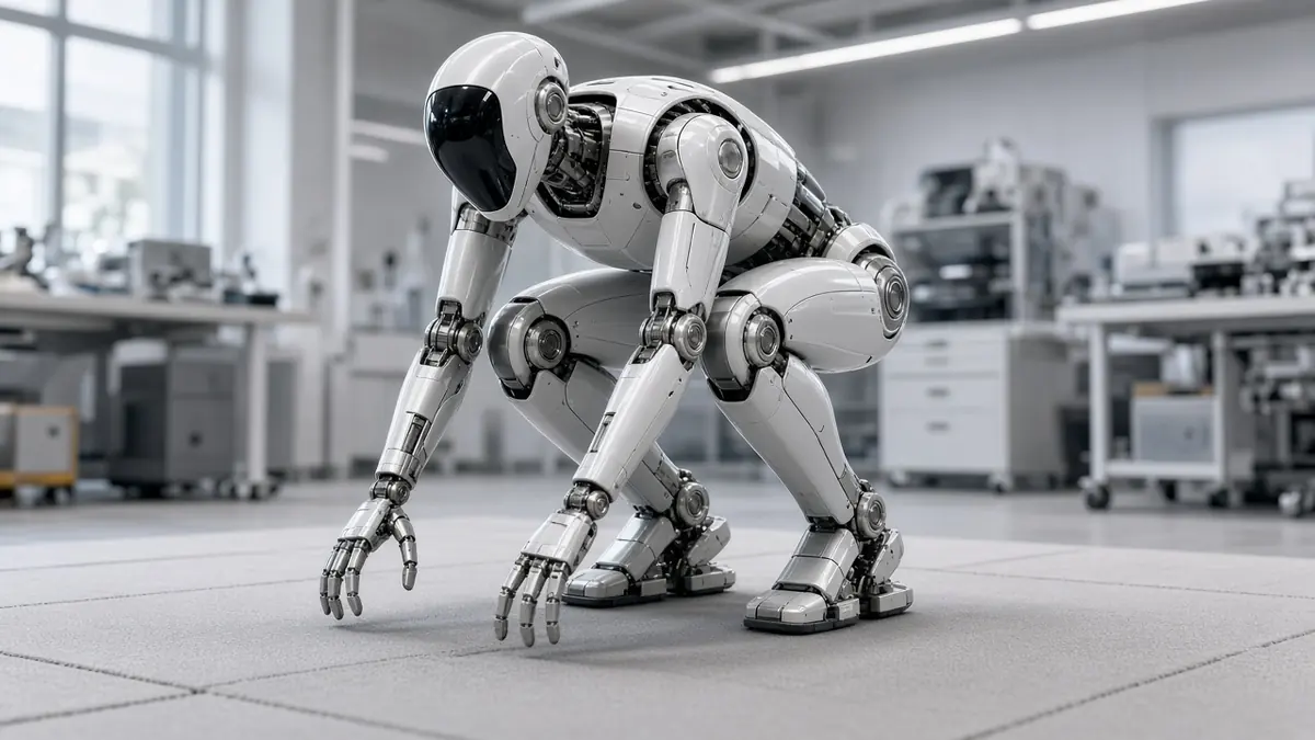 A humanoid robot crouching low in a laboratory, preparing for a jump