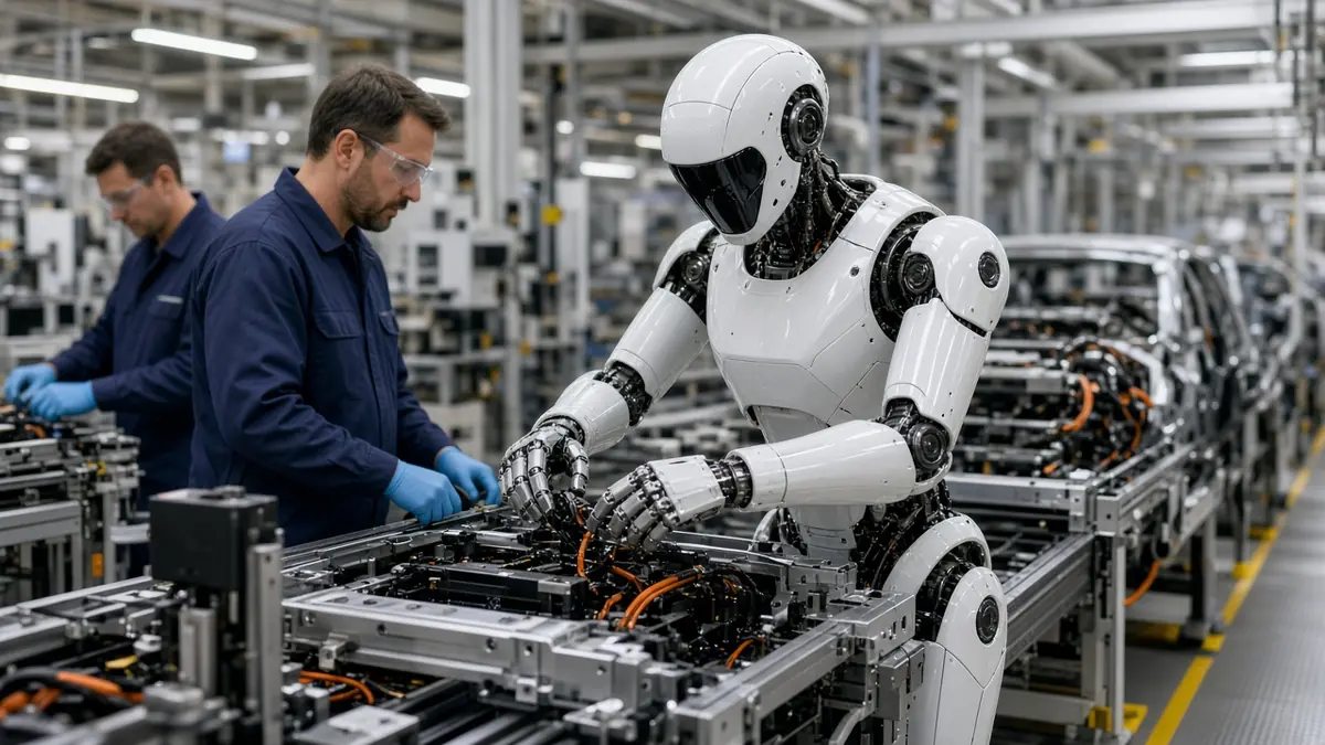 A humanoid robot standing on a factory assembly line while technicians in safety glasses check its torso