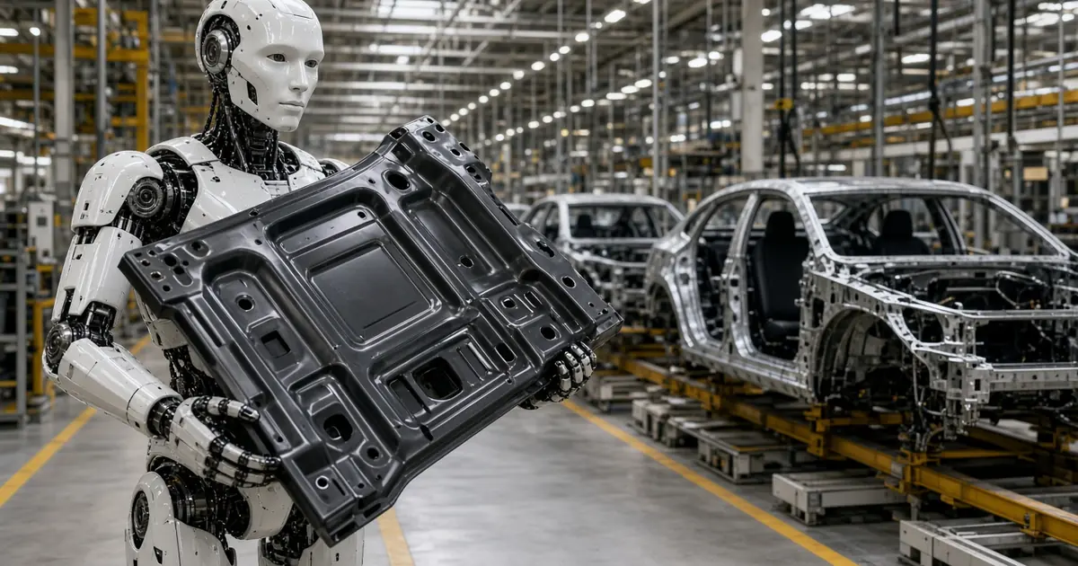 A white humanoid robot holding a stamped black metal vehicle panel on a car assembly line