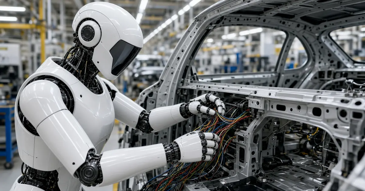 A white humanoid robot routing a bundle of wire-harness cables inside an unfinished car body on an assembly line (AI-generated image)