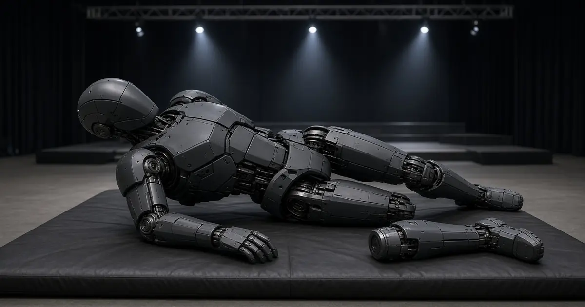 A tall dark-grey humanoid robot lying on its side on a black exhibition mat with a detached lower leg beside it, empty stage behind (AI-generated image)