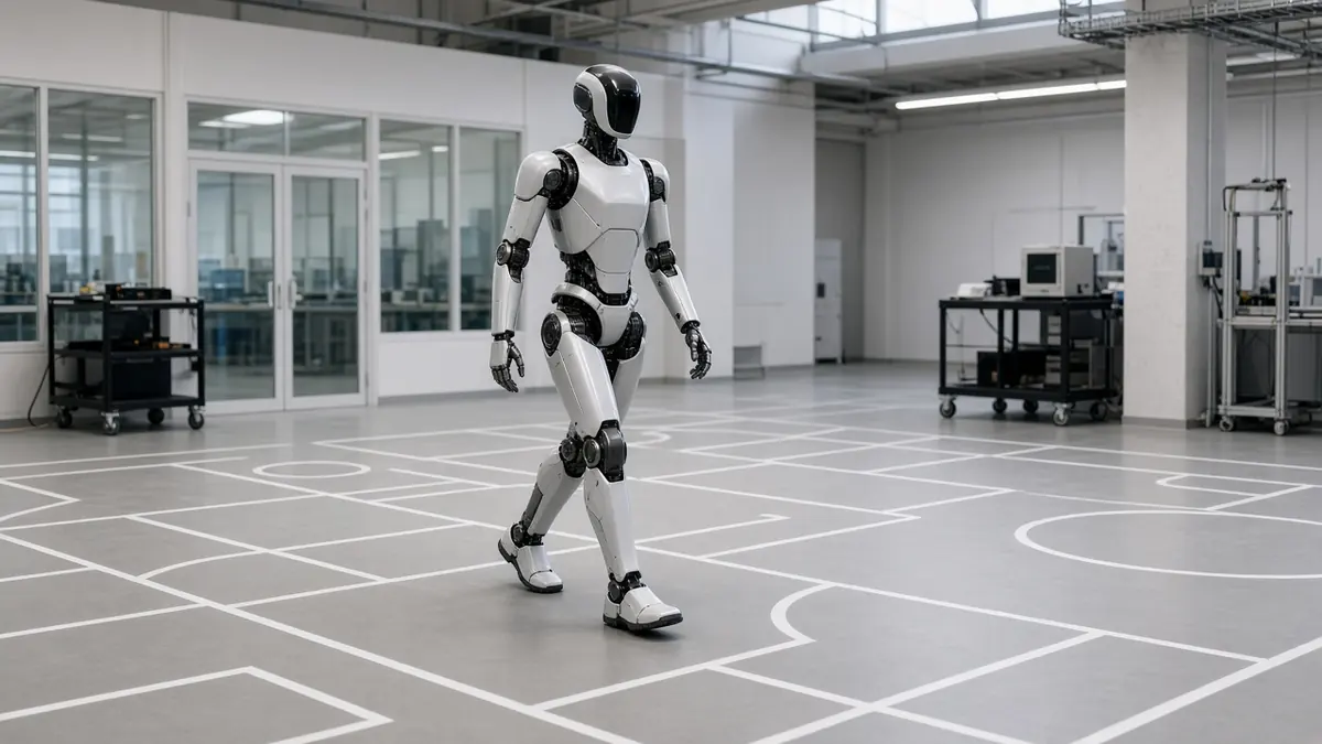 A humanoid robot walking along a marked practice course in a robotics lab