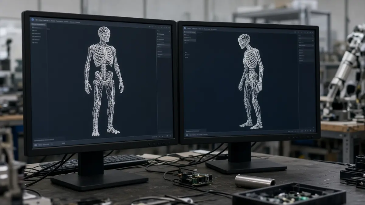 A desk with computer screens showing wireframe humanoid skeleton simulations