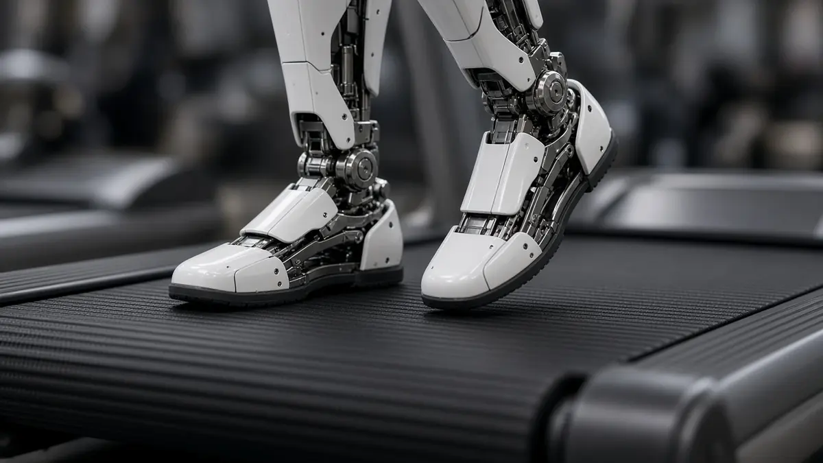 Close view of a humanoid robot's feet on a treadmill belt