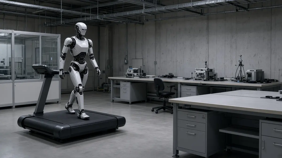 A wide view of a quiet robotics test facility with a humanoid walking on a treadmill at the centre