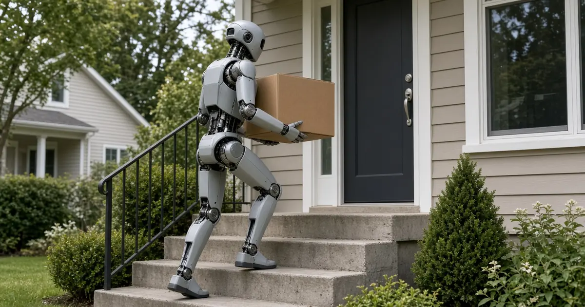 A generic grey bipedal humanoid robot carrying a plain cardboard parcel up the front steps of a suburban house (AI-generated image)