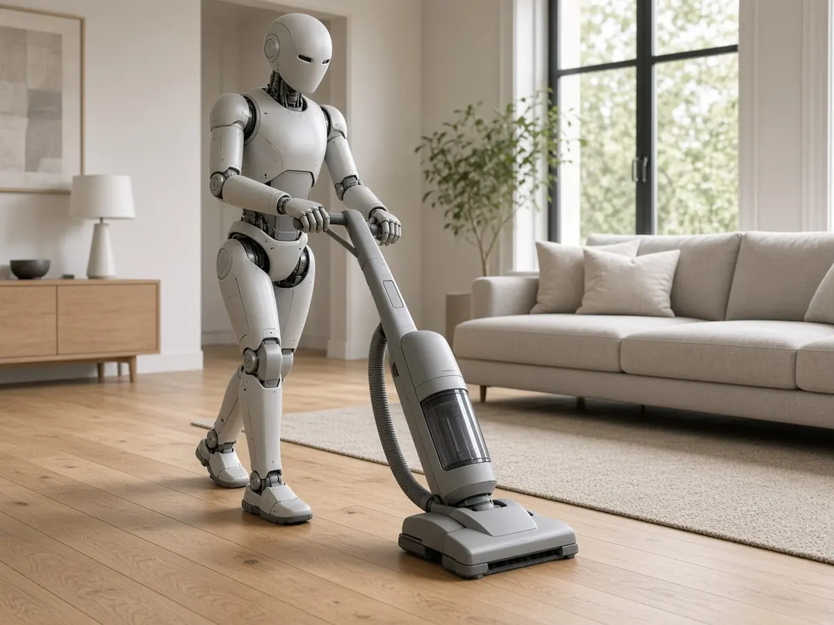 A generic humanoid robot pushing a plain upright vacuum cleaner across a wooden living-room floor (AI-generated image)