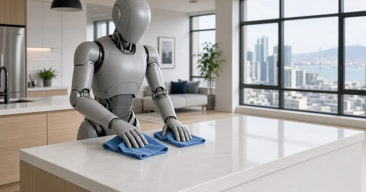 A generic grey humanoid robot wiping a white kitchen counter with a cloth in a bright, tidy apartment (AI-generated image)