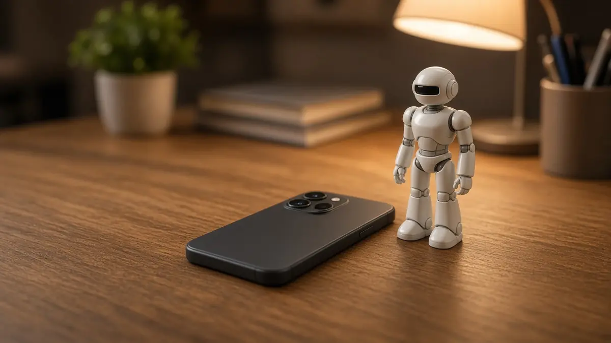 A smartphone lying face down on a desk beside a small generic humanoid robot figure under warm lamp light (AI-generated image)