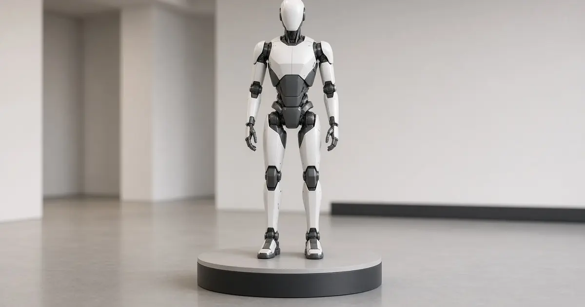 A generic sleek humanoid robot standing still on a plain display platform in an empty, softly lit showroom (AI-generated image)