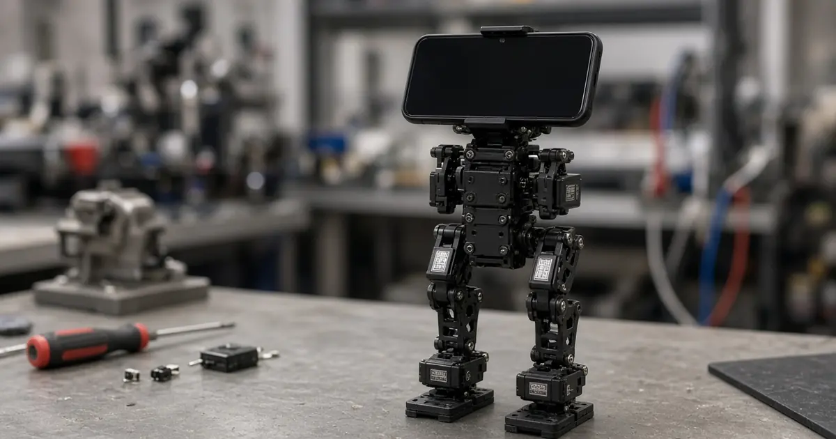 A small two-legged robot made of black servo motors with a smartphone mounted as its torso, on a lab bench (AI-generated image)