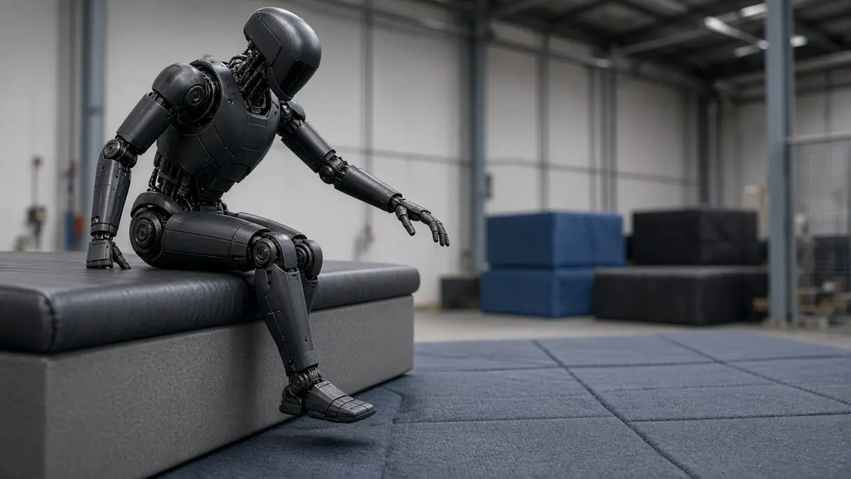 A humanoid robot at the edge of a raised padded platform in an indoor test hall