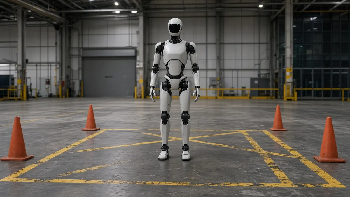 A humanoid robot in a test hall with yellow safety markings on the floor around it