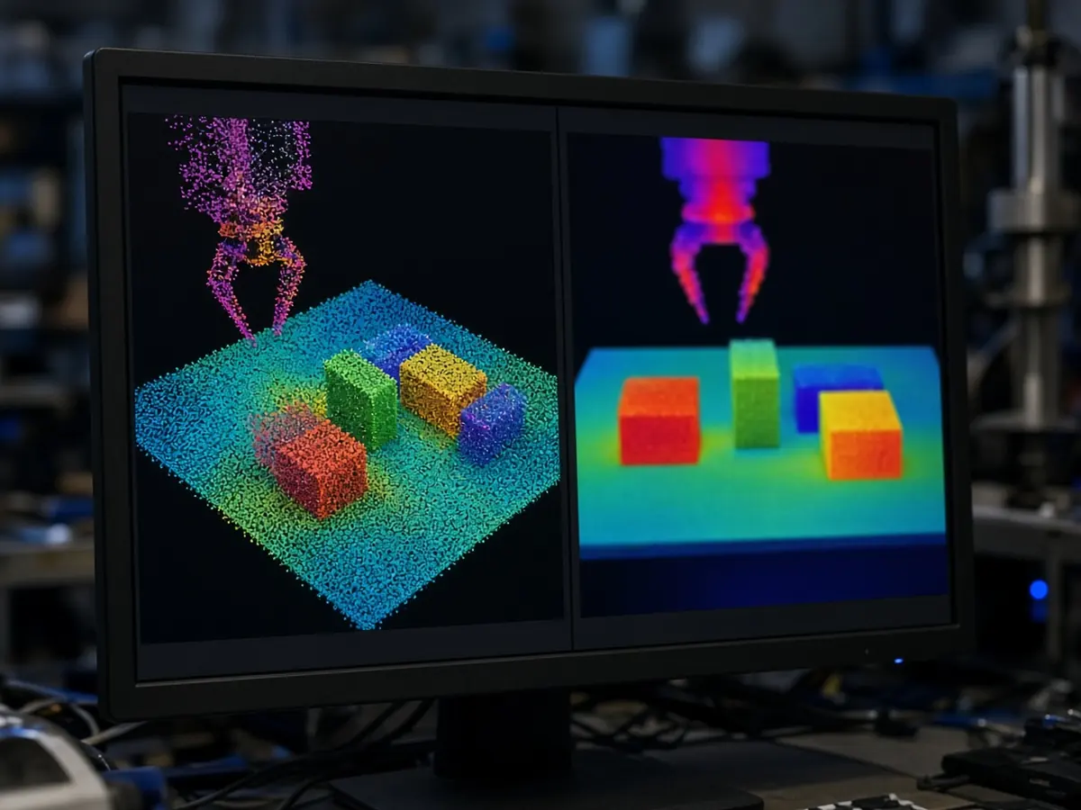A monitor showing a colourful 3D point cloud and depth map of a tabletop scene with a robot gripper (AI-generated image)