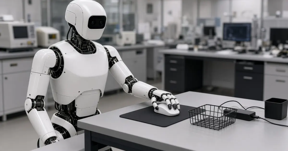 A generic dual-arm humanoid robot at a table placing a computer mouse onto a mouse pad in a research lab (AI-generated image)