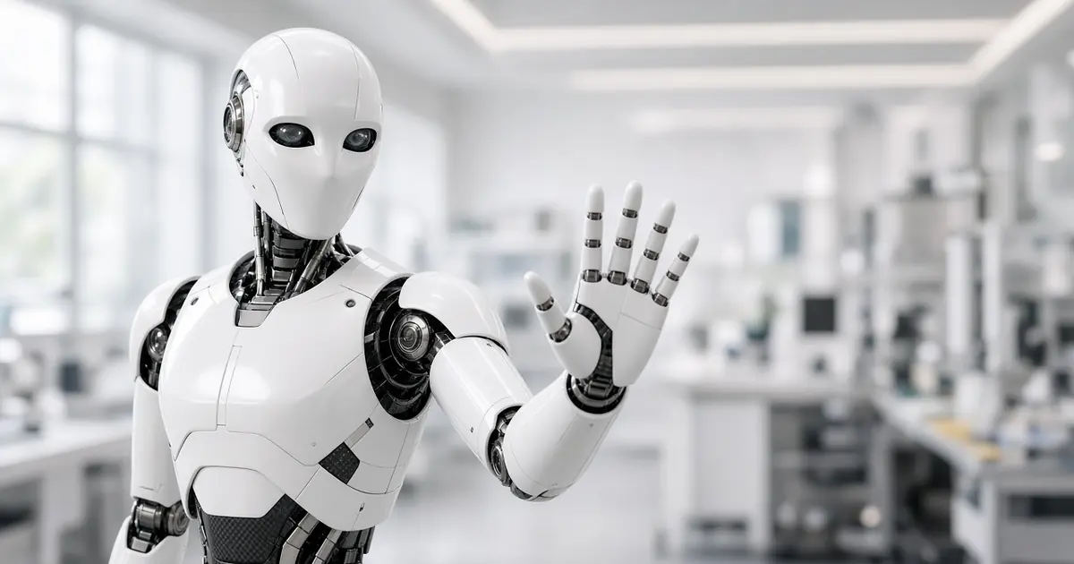 A sleek humanoid robot raising an open hand for a high five in a bright, empty robotics lab (AI-generated image)