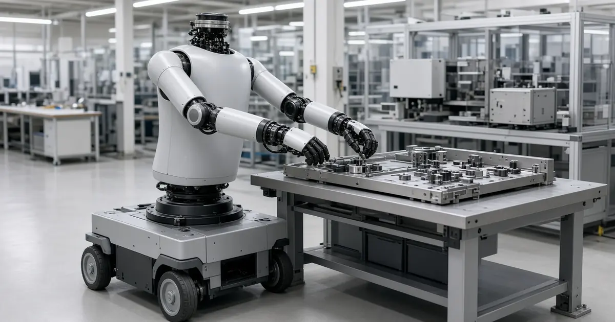 A dual-arm humanoid robot torso on a wheeled mobile base working at an assembly bench in a bright modern factory (AI-generated image)